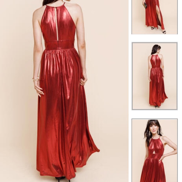 Francesca’s Limelight Red Metallic Retro Maxi Dress with Cutouts and Slit - Picture 2 of 6